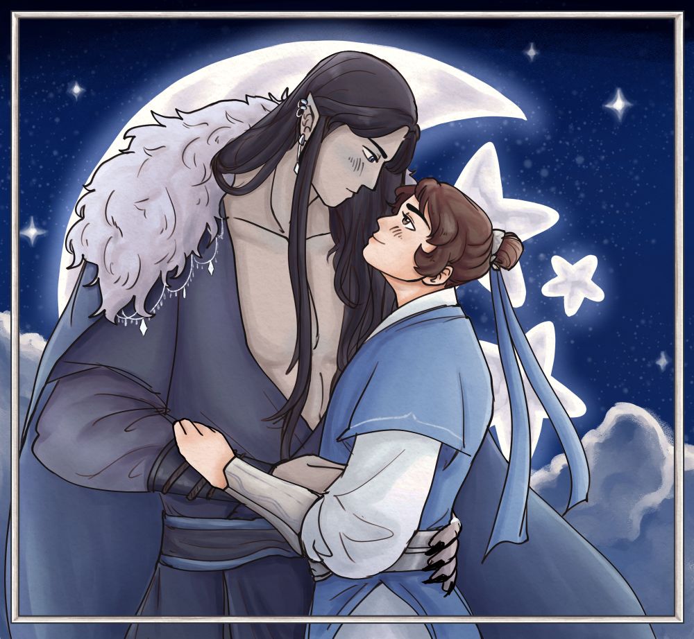 Digital Art depicting Mobei Jun and Shang Qinghua’s US novel designs. Moshang. In these designs, their color palettes match, both dressed in varying shades of blue. The face each other and look into each other’s eyes. Instead of the contrasting sun and moon, behind them are the moon and stars, shining with pale white light against the starry night sky. 