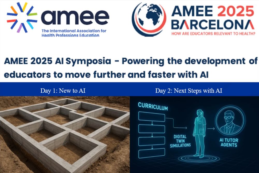 AMEE2025 AI Symposium, showing Day 1 (New to AI) and day 2 (Next Steps with AI).