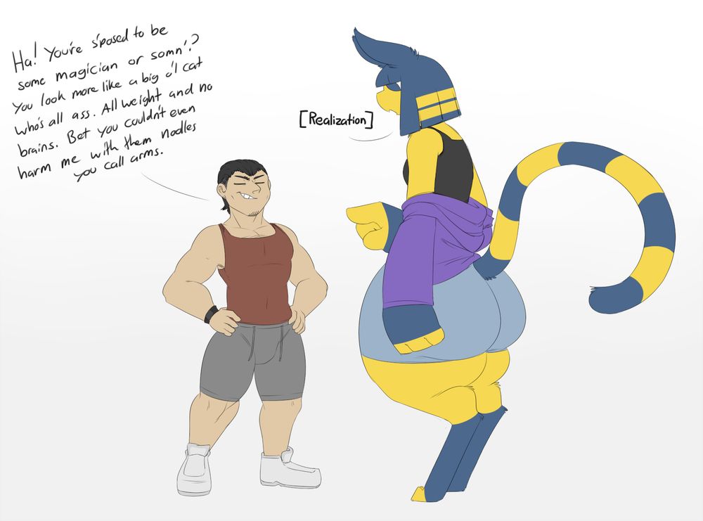 A muscle head stands in front of a large female cat who towers over him, but he has no fear. He argues that despite being magical, the cat is simply unable to phase or harm him due to his physic. The magical cat responds by casting "[REALIZATION]" upon him.