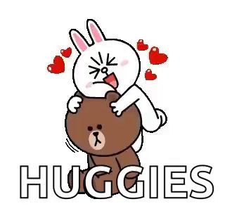 a bunny is hugging a brown bear with the words huggies written below it .