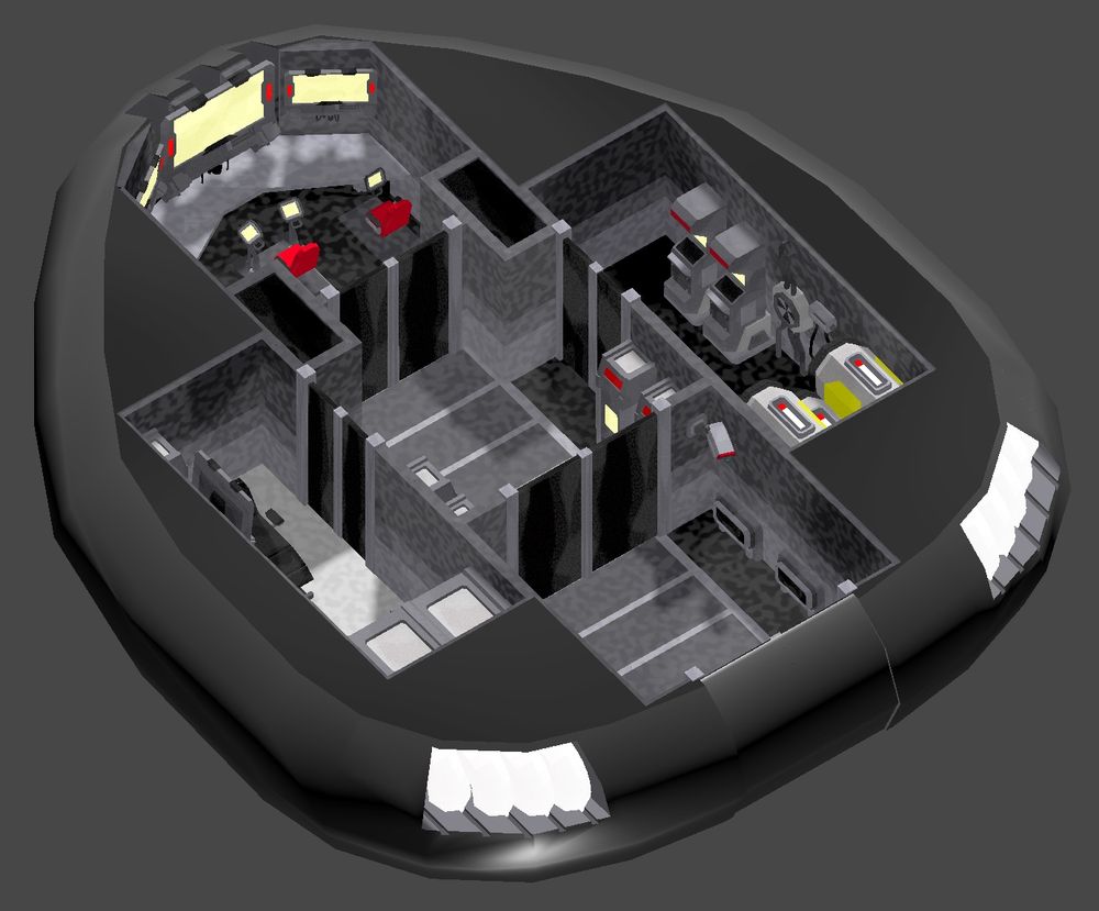 A work in progress screen capture of a UFO in isometric view.  The roof is cut away so you can see rooms inside.  There’s an airlock, a central corridor access, a storage or work room to the right, a lab to the left, and a cockpit with an array of monitors ahead.  Overall the UFO is flat and mostly round, but somewhat triangular and pointed towards the front.  There are two glowing engines at the back corners.  The access door is at the back between the engines.  The outer surface is metallic and shiny.  The interior is mostly grey for now.