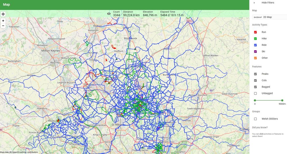 A map showing all my bike rides and walks for the last 13 years around Hertfordshire