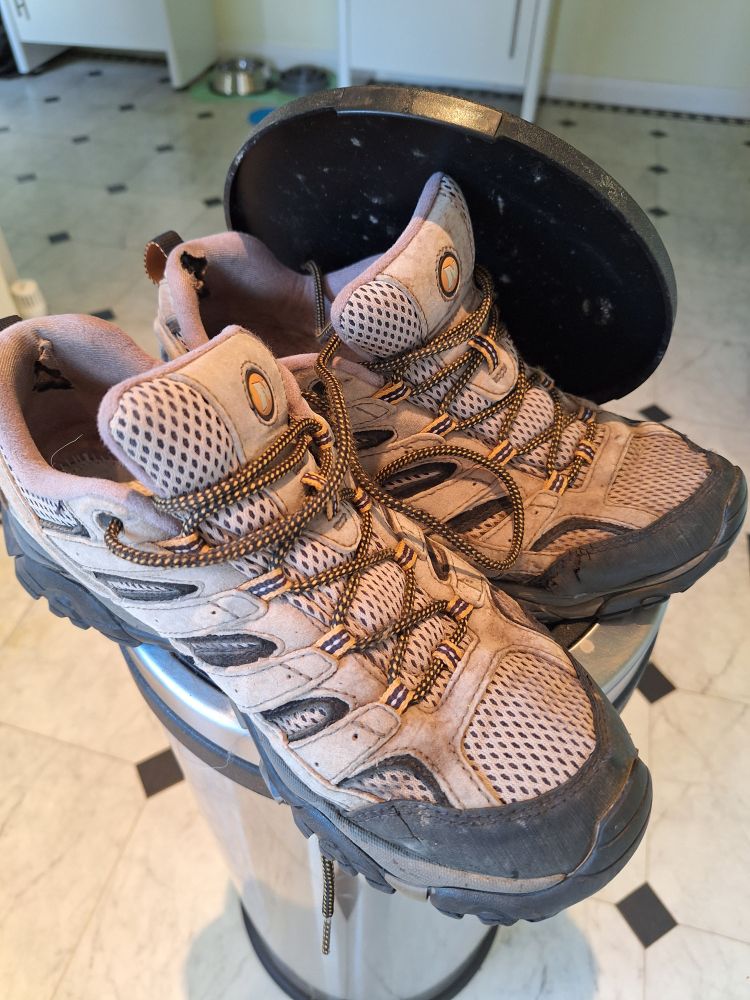 An old pair of lightweight approach shoes looking pretty worn and torn, sat on top of a kitchen bin