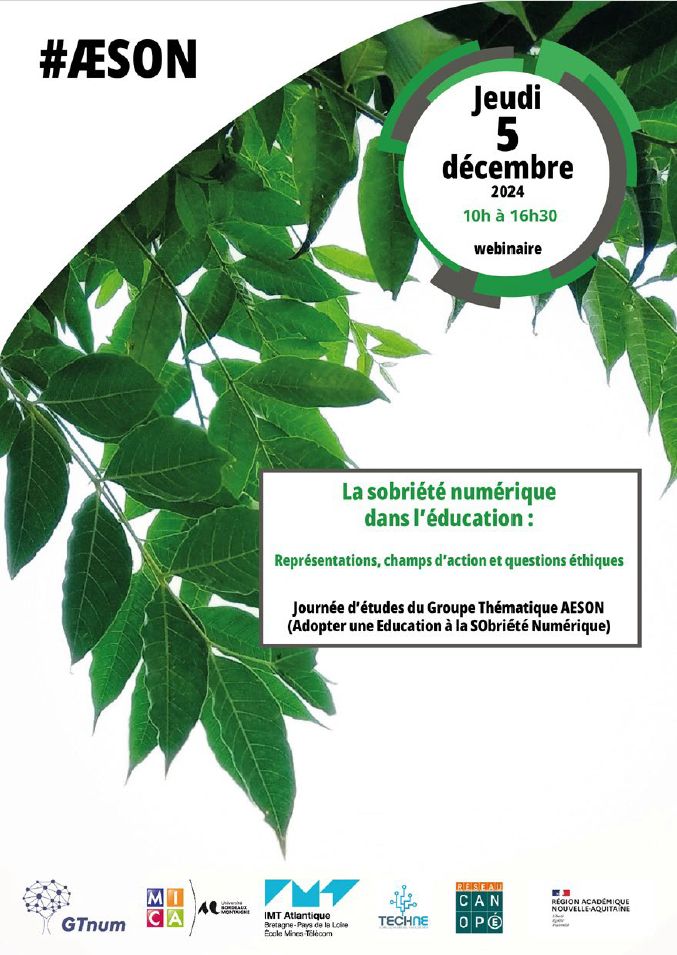 Affiche de la journée d'études. Le jeudi 5 décembre 2024, de 10h à 16h30. La sobriété numérique dans l'éducation : représentations, champs d'actions et questions éthiques