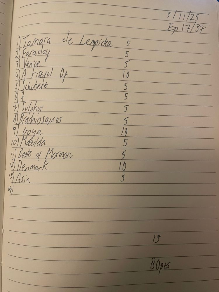 Lined page in my notebook showing hand written correct answers to this evenings episode of University Challenge 