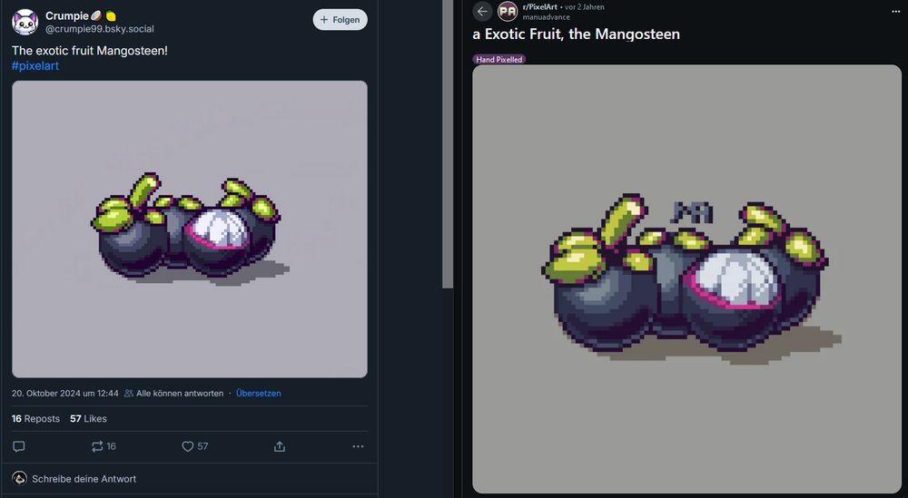 Screenshot comparing stolen art to the original art, where they erased the signature und slightly altered the colors