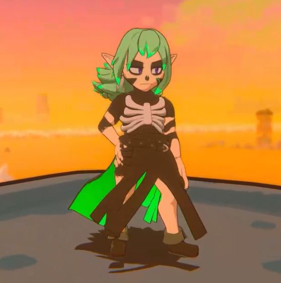 Beebz the protagonist from Demon Tides and Demon Turf in a goth outfit with a long skirt, green detailing and a ribcage corset