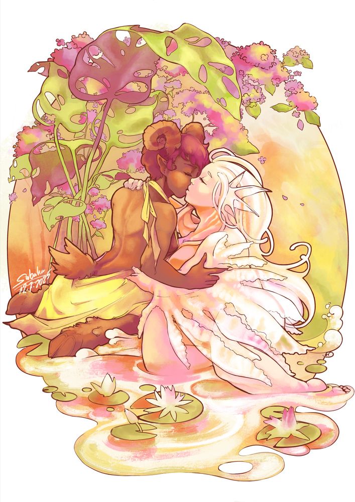Illustration of a couple, sitting in a shallow pond with water lilies under a roof of a plant with big leaves and with a bush of hydrangea in the background. They hold each other tight and are kissing.
The person on the left is a satyr girl with dark skin and short dark hair, wearing a yellow flowy silky dress with an open back. The person on the right is some kind of fish girl, having white glossy skin with a pink undertone. On her arms grow transparent fishlike fins that cover most of her body. 
The colorscheme overall has a lot of warm tones, like yellows, pinks, browns and a very yellowish kinda green.