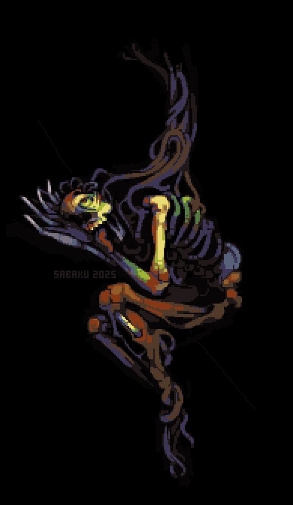 Pixelart Illustration of a skeleton, weirdly merging with tree roots that melt into it's bones. It keeps something like an embryo pose, while resting the head on his weirdly big hands. The one eye it still has looks to somewhere above it, while it's tongue hangs out of it's open mouth. 
Yellow and green tones emphazise the visible side of the face and the visible upper arm, while the rest is in red, brownish and cool violet tones. The background is black