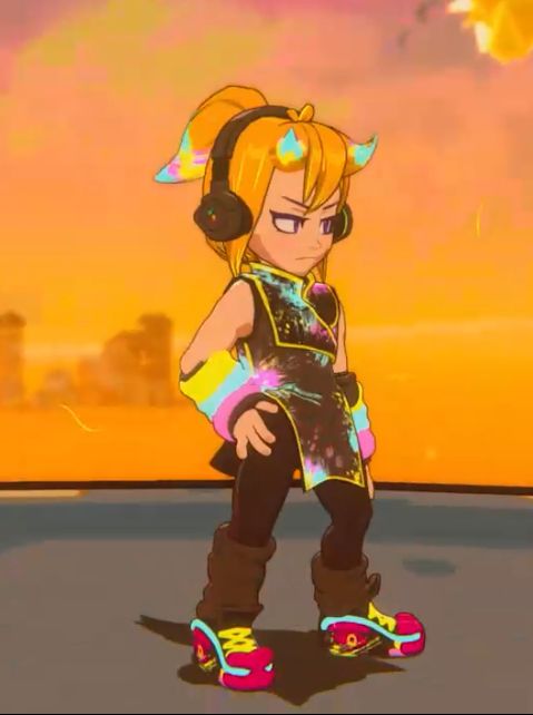 Beebz the protagonist from Demon Tides and Demon Turf in a black base outfit with headphones and neon colors splattered all over it. Also cool thick shoes with vibrant colors