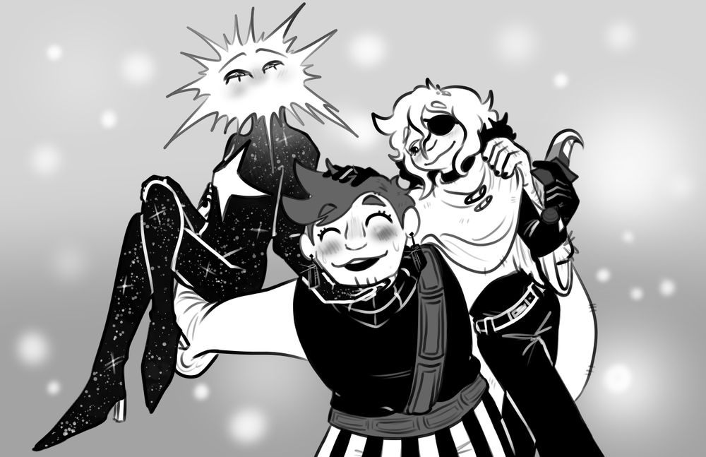 Loop, Isabeau, and Siffrin are posing similarly to Splatoon 3's Big Betrayal promotional art/music video. Rather than using a similar premise of Shiver and Frye lightly beating up Big Man, everyone here is far more gentle if teasing. Loop is sitting on Isabeau's right arm, one leg crossed over the other, head tilted slightly up as they rest a hand on their knee while the other cups Isa's chin. Siffrin is leaning on Isabeau's left, behind his arm which is similarly trying to hold them. They're holding out their dagger, similarly to how Frye was holding the photo in the original art, with their other hand in Isa's hair. Isabeau just seems happy to be holding the other two, cheerfully giving a cat-like smile while they all blush but his is the strongest.