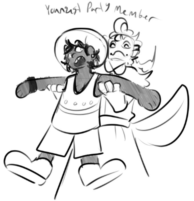 Comet lifting Bonnie by the arms/armpits, smiling behind her mask while Bonnie looks shocked, mouth wide. They're described as "Youngest Party Member"