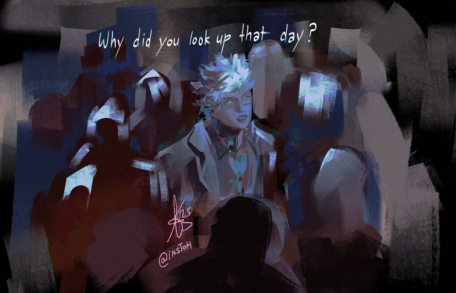 Painting of a character with white hair in the middle of the crowd looking up