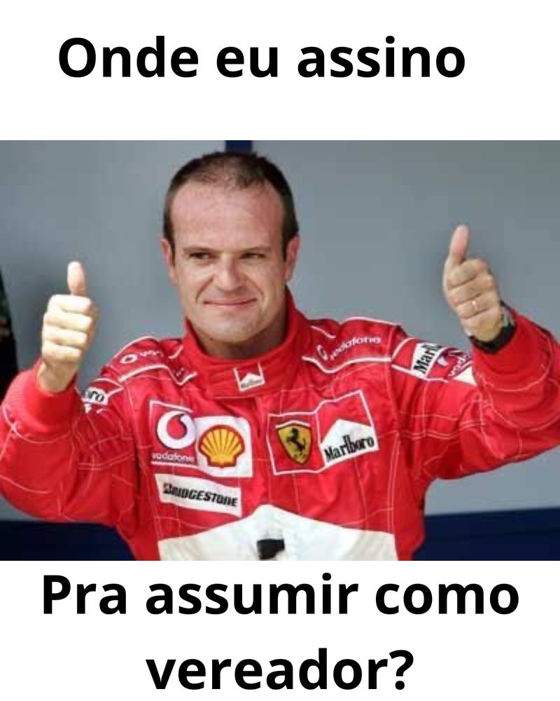 Rubens Barrichello com roupa da Ferrari e a frase “onde eu assino pra assumir como vereador?