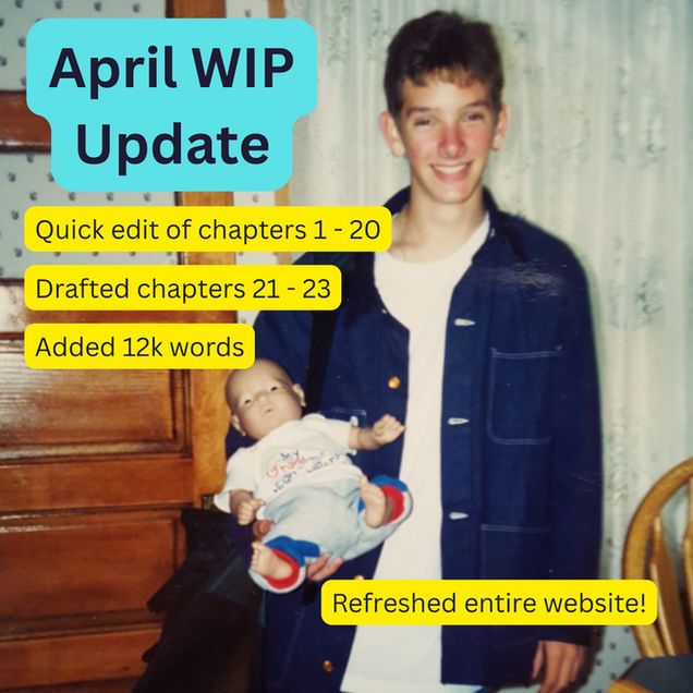 High school boy with brown hair, wearing a white shirt and jean jacket, holding a doll. Wording gives monthly writing update.