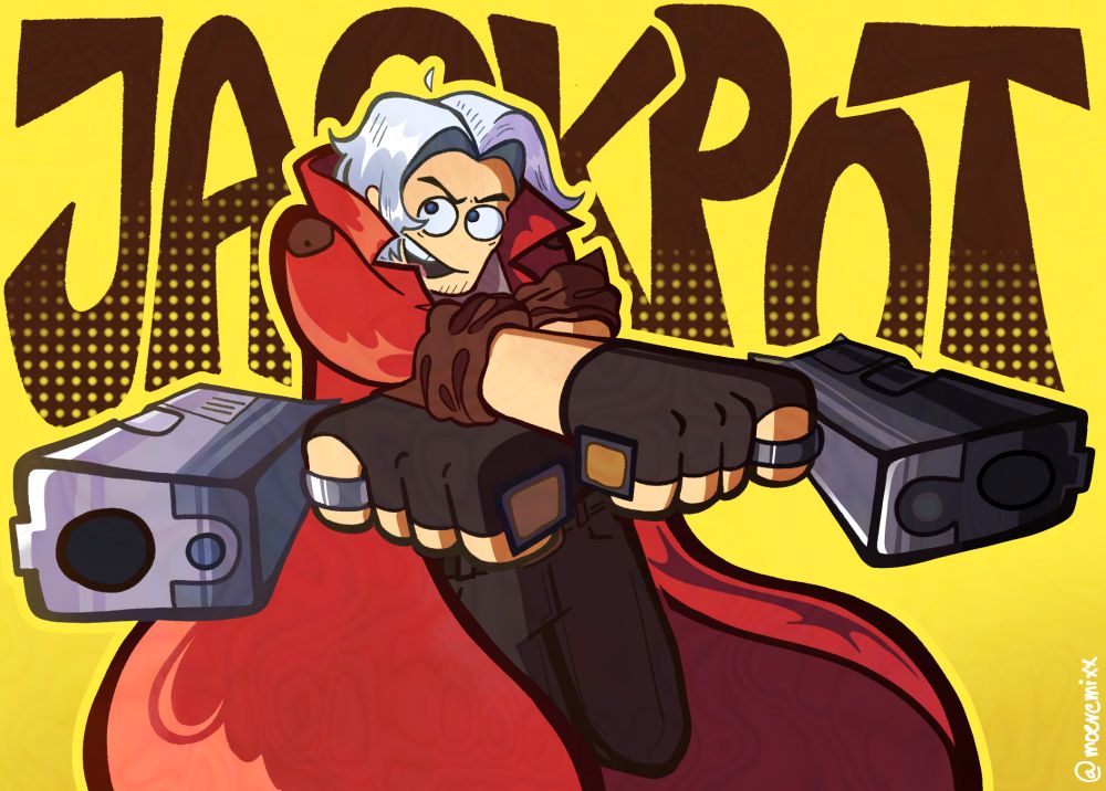 dante from the devil may cry series (nondescript version) with two guns in his hands with the word "Jackpot" written in the background of the image
