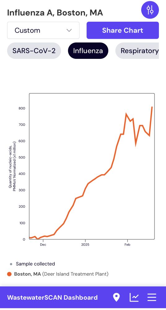 Graph showing Boston wastewater influenza nucleus acid levels are currently at their highest value over the last three months.
