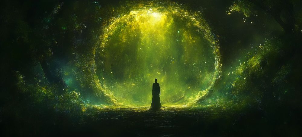 A Midjourney image whose prompt was "Midjourney as a person" with my personal style code added. It is a very wide image in a fantasy art style of a green forest-like environment with the silhouette of a person in long robes standing before a radiant glowing circle of green growth. It almost appears as if a brighter light is dripping down from the top of the circle. It may be a portal and it isn't clear if the person is observing, waiting, or preparing to step through. 
