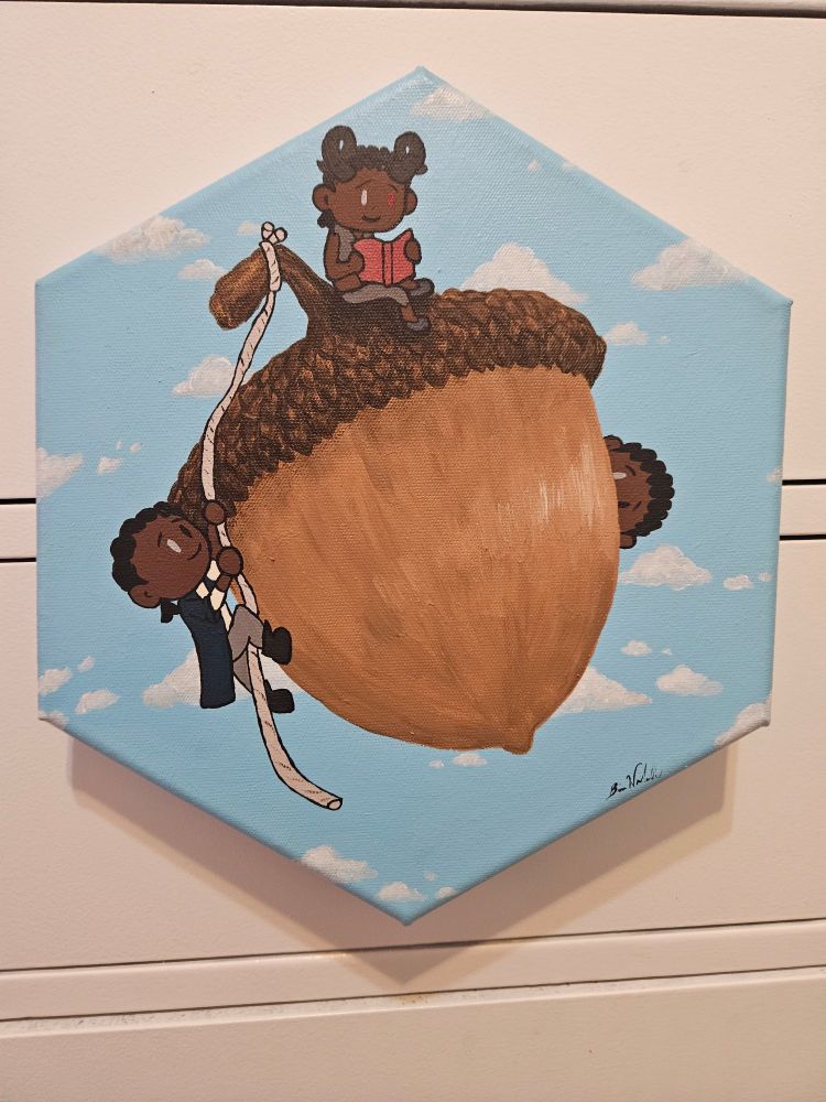 A six sided painting of a giant acorn in a cloudy blue sky. There are 3 chibi figures of Wyll Ravengard, from Baldur's Gate 3, on the acorn. One is climbing the side using a rope, one is sitting on top, reading a small red book, and the third is barely visible peeking from behind the right side.