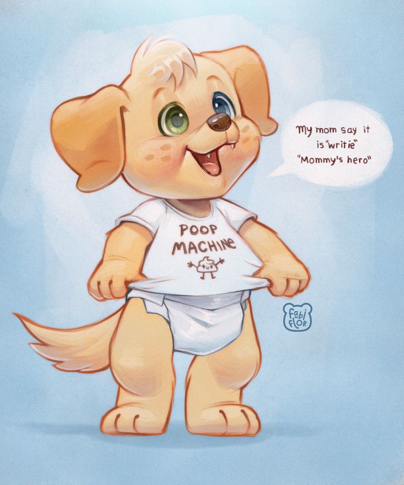 A young anthropomorphic golden retriever in a diaper with a shirt that reads “poop machine” a voice bubble indicates he thinks it says “mommy’s hero”