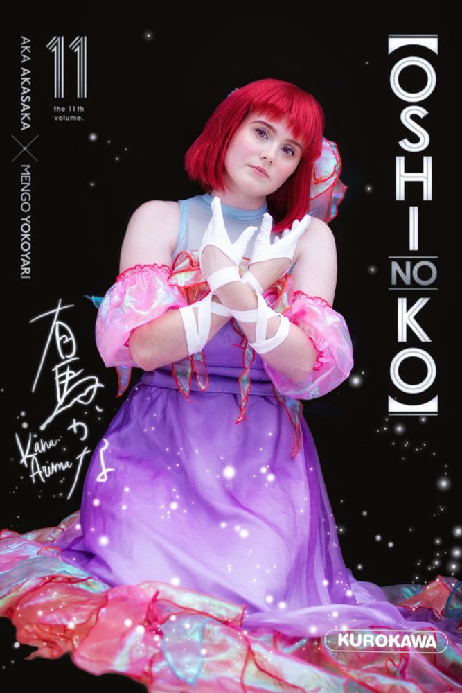 A cosplay of kana arima. The photo is edited to look like the vol 11 of oshi no ko
