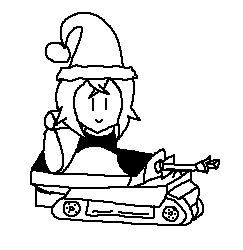 A small sketch of Tressa (from Octopath Traveler), wearing a Santa hat. She is sitting in the Dry Bomber, one of the karts from Mario Kart DS. Her eyes are short vertical lines, and she has a small smile.