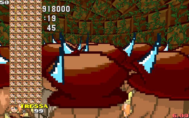 A screenshot of Sonic Robo Blast 2, located inside the room where the second emerald token is stored in Greenflower Zone Act 1. There are 200 Tressas inside the room. The icons for the partner characters are stored at the bottom left corner, and due to the sheer count of them, there are 90 icons visible before the rest go offscreen. These icons, in rows of 5, are overlapping the score, time, and rings text, alongside a portion of the screen. Most of the level geometry is obscured by the 200 Tressas. In the bottom right corner, the FPS counter reads "6.00", and is colored red.