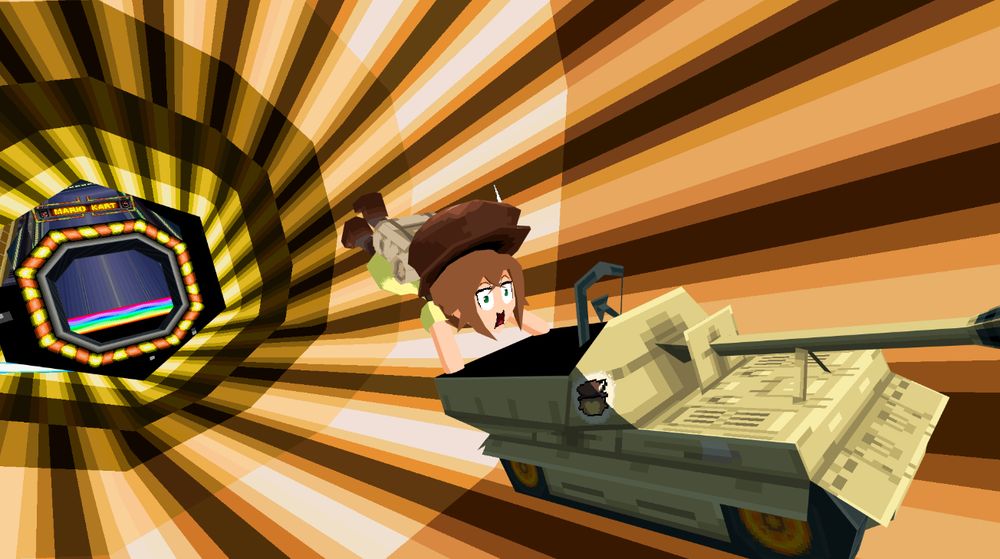 Tressa, from Octopath Traveler, getting launched at the start of DS Waluigi Pinball. She is holding on to the back of the Dry Bomber kart, with a fearful expression as it gets propelled.