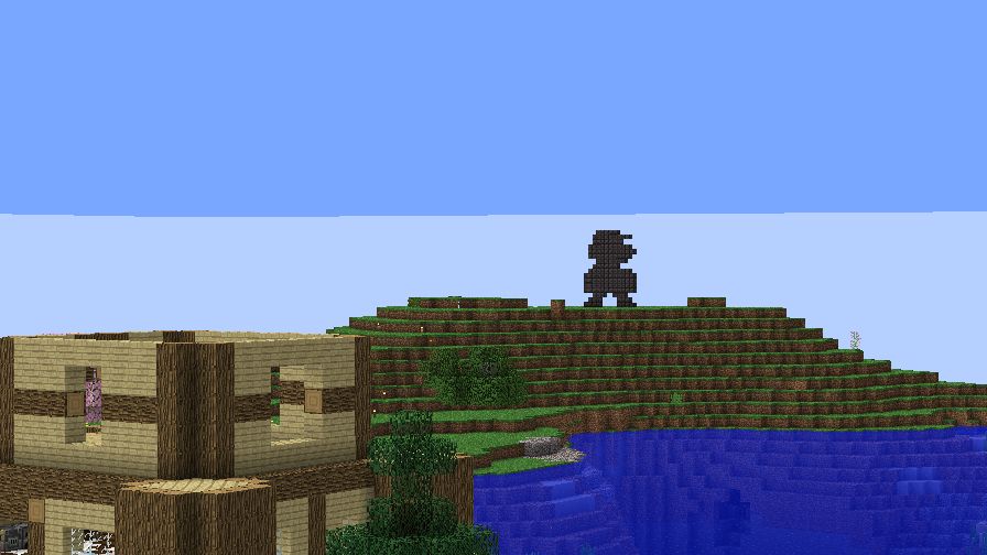 On a hill in the distance, there is the SMB1 small Mario sprite, made out of netherite blocks.