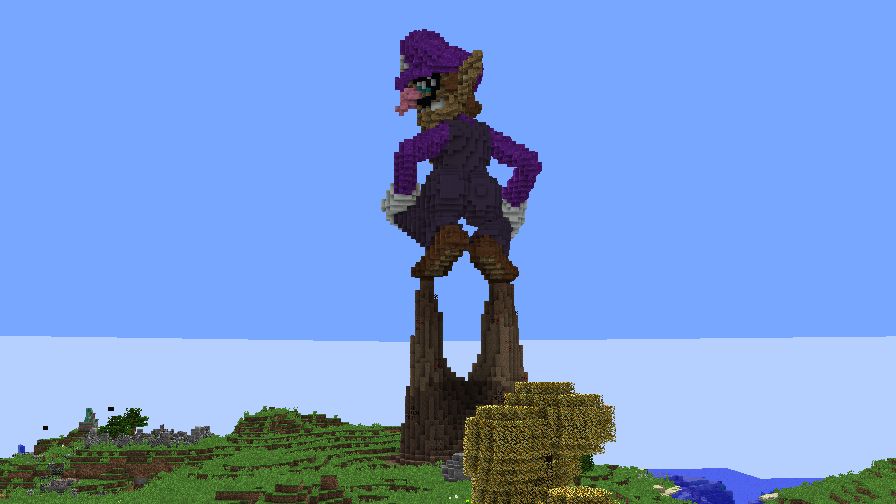 Waluigi, on top of a mountain, doing the Omni-Man pose.