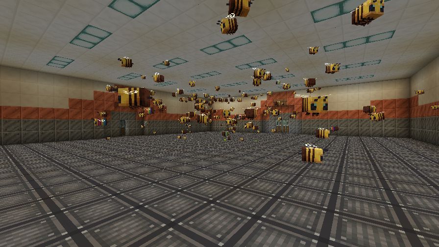 A screenshot of a large room in a Minecraft base, filled with tons of bees.