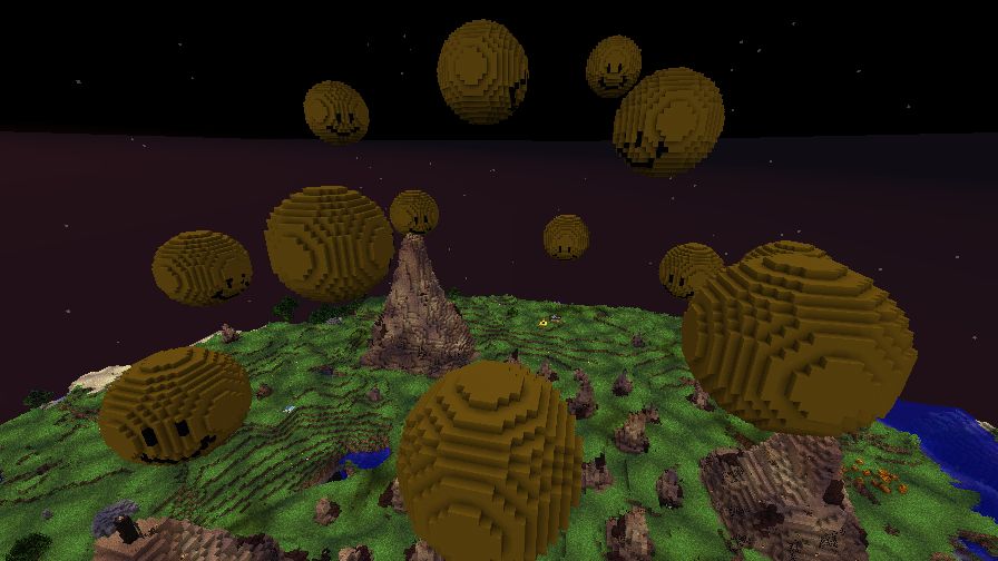A bunch of Glaggles, ominously hovering over a mountainous spawn region in Minecraft.