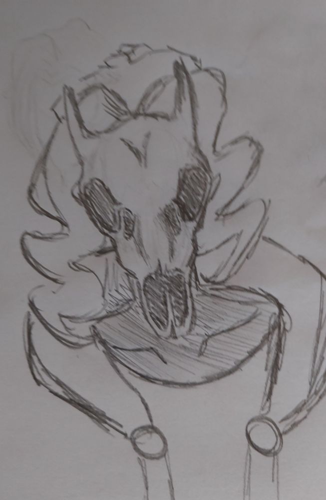 Um desenho de uma pessoa com cabelos longos usando um cranio de veado como mascara