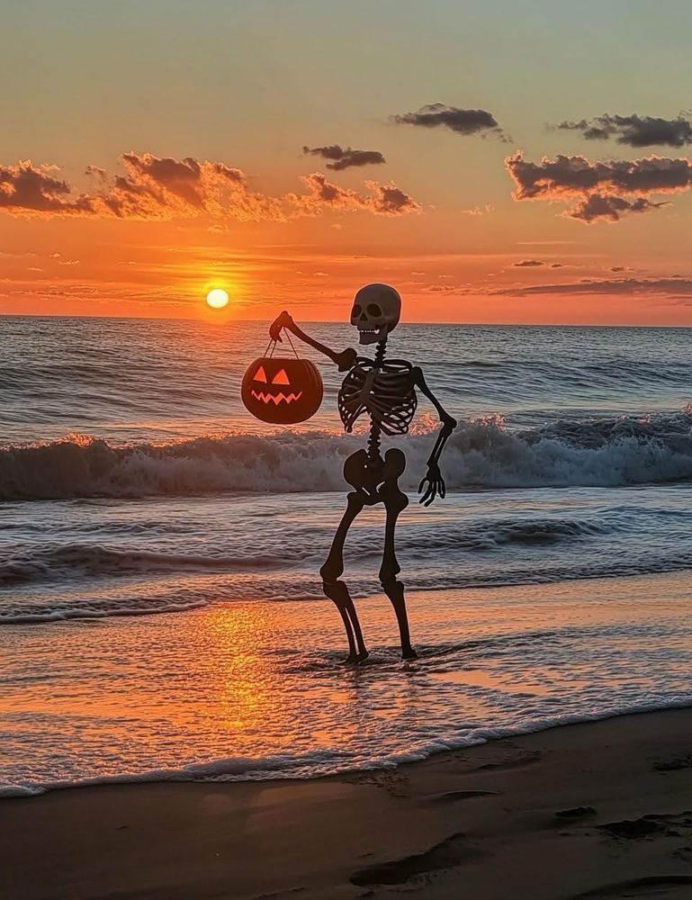 Skeleton standing in the water at the beach holding a Halloween pail. 