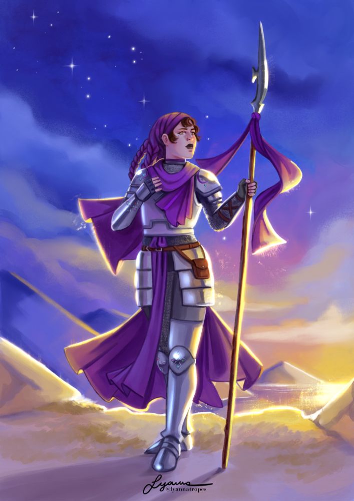 Ceres Duskfire, a light skinned human woman with brown hair clad in silver armor and framed against a sunrise.

One hand holds a polearm.