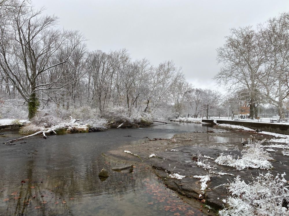 Snow covered landscape surrounds the stream on a gray, overcast snowy morning.