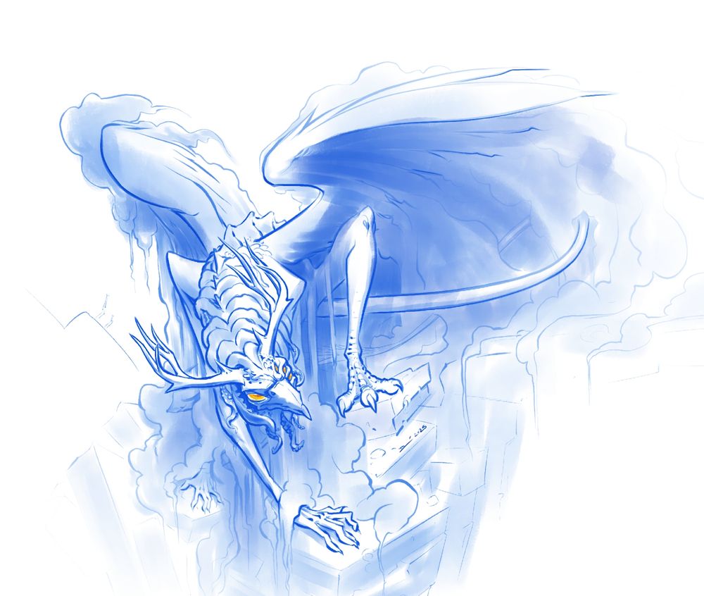 A four legged bird, with antlers and wings of smoke and shadows. A mane of octopus tentacles runs down its back like a horse comb.