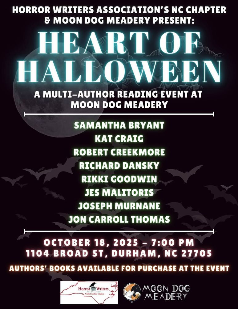 Flyer for a reading at Moondog Meadery (1104 Broad St. Durham, NC 27705) on October 18, 2025 at 7:00 p.m.
