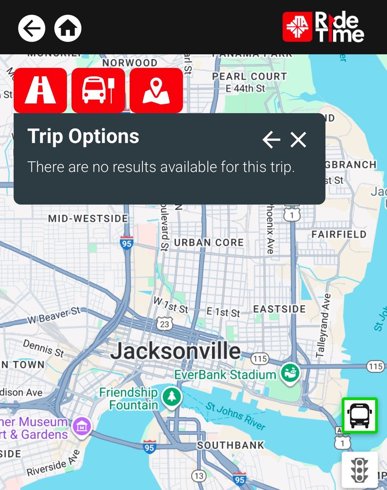A screenshot of the Jacksonville Transit Authority’s own website, after attempting to see how many bus transfers I would need to get to work across town. JTA, instead of telling me to walk a quarter mile to the nearest bus stop to catch a ride downtown to wait for a transfer to a route that would drop me off 2 miles from my job, instead says “There are no results available for this trip.”
