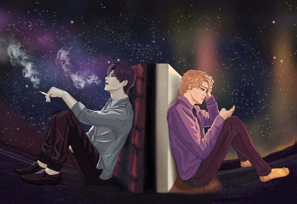 Fan art of Lin Jingheng and Lu Bixing on a backdrop of starts. They’re both sitting against a wall and unhappy. 