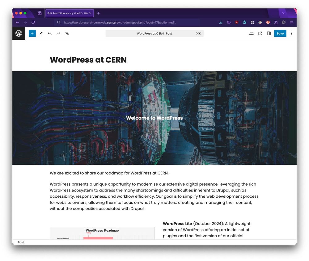 Screenshot of WordPress at CERN announcement.