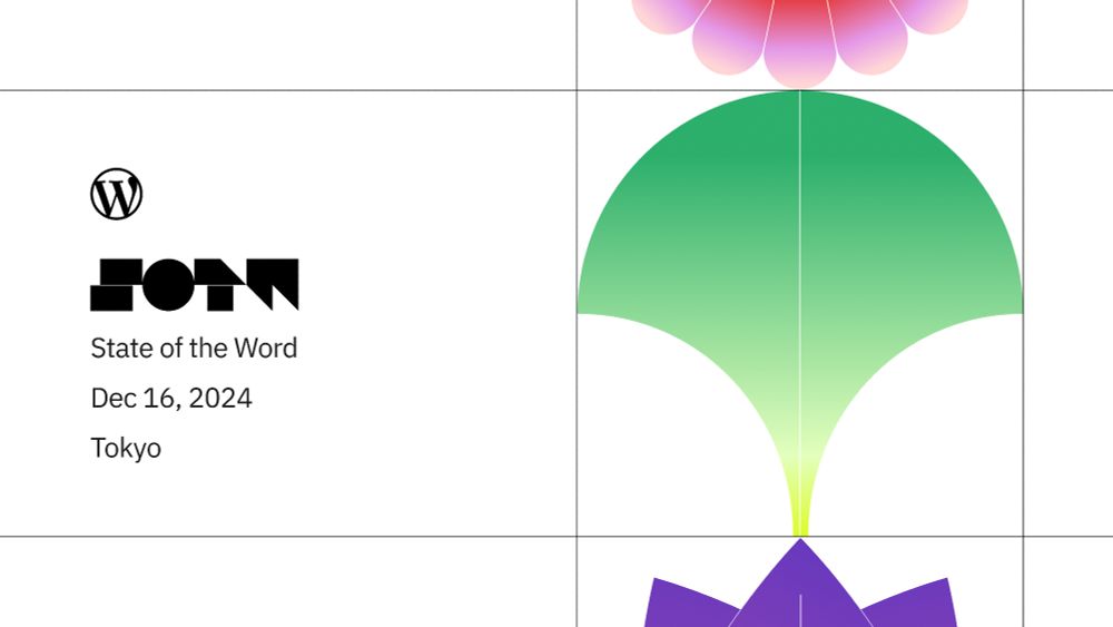 This is the event poster for "State of the Word" in Tokyo on December 16, 2024. It features the WordPress logo and a colorful, abstract design.