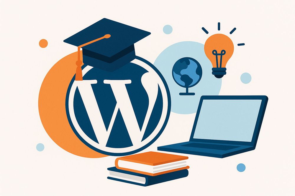 Image of the WordPress logo surrounded by academic items such as a laptop and books.