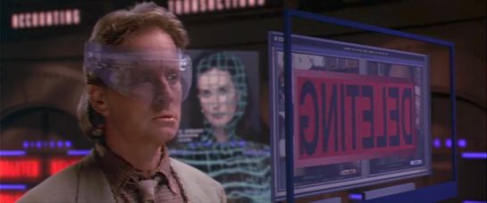 Tom watching Meredith deleting all the evidence in Disclosure (1994)
