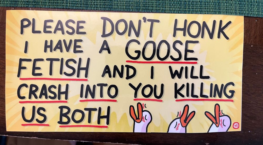 PLEASE DON'T HONK
I HAVE A GOOSE FETISH AND I WILL CRASH INTO YOU KILLING US BOTH