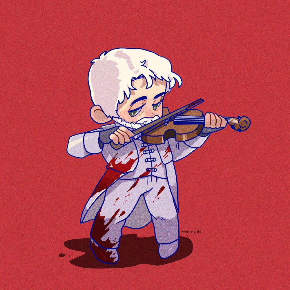 Ned Low in silver suit, playing violin with red background. He’s splattered with blood. 