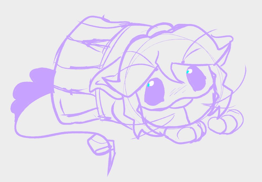 A small doodles robotic kitten wearing a dress, laid down staring at the user.