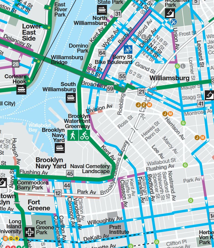 Portion of the NYC bike map showing a number of otherwise-continuous bike infrastructure routes that disappear when they hit South Williamsburg.