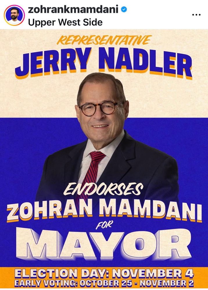 Zohran Mamdani post from Instagram with a poster saying "Representative Jerry Nadler Endorses Zohran Mamdani for Mayor"