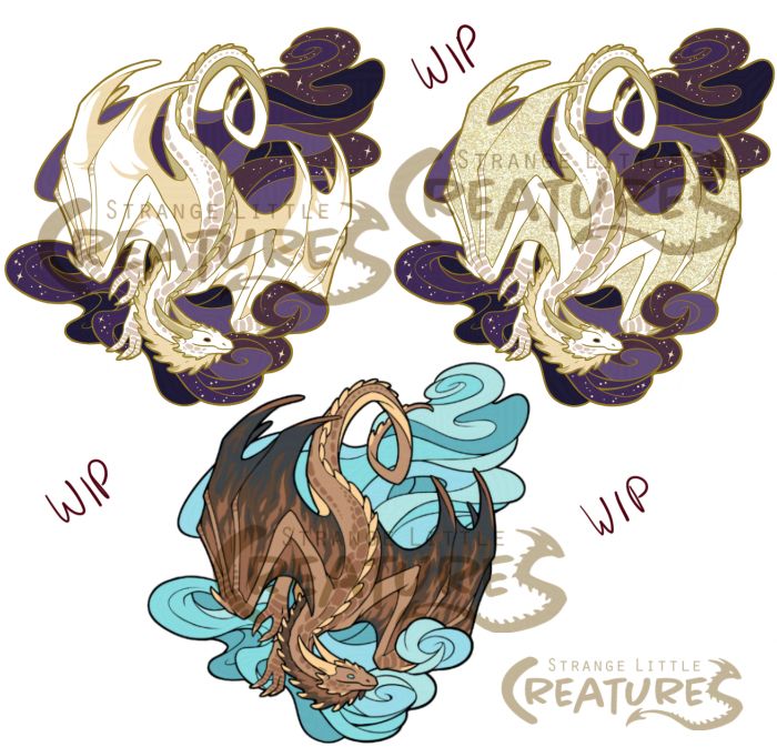 Pin designs of a dragon with swirls of clouds, or air behind it. The artist is asking whether people prefer the night version with or without glitter enamel wings, and this is the example image to show what both might look like.